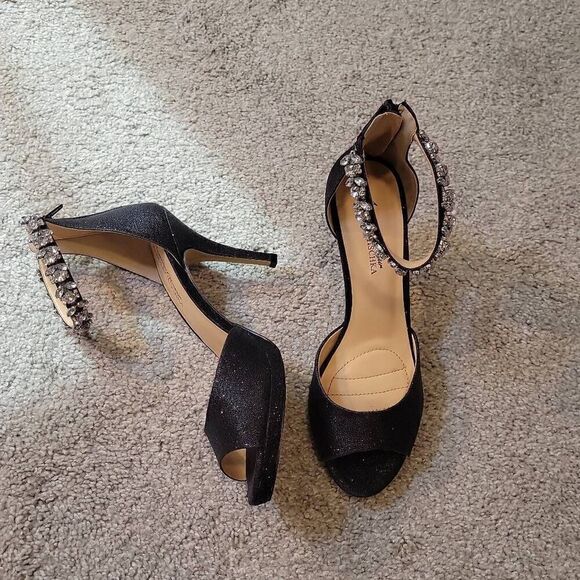 AMERICAN GLAMOUR BADGLEY MISCHKA GLITTER JEWELED ZIP BACK HEELS SZ 9 - Picture 3 of 9